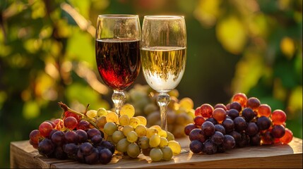 vineyard. Two glasses filled with red and white wine amidst ripe grapes on a rustic vineyard table bathed in warm afternoon light. bar promotions.
