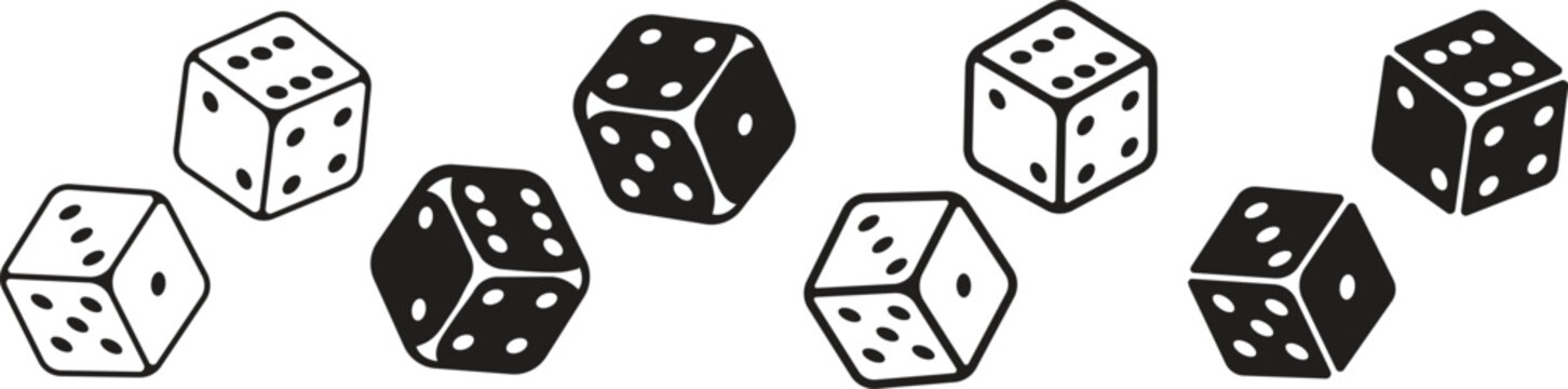 Dice Black And White Vector Illustration. Dices flat icon sets. Rolling dice. White roll cubes for gamble games, top view dice sides and falling 3D angles lucky craps. .poker gaming cube entertainment