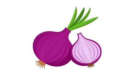 Two purple onions, one whole and one sliced, with green tops