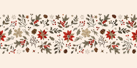 A seamless botanical christmas pattern with poinsettias berries and pinecones © Tarun