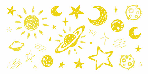 Whimsical yellow sketch of planets moons stars and a shining sun © Tarun