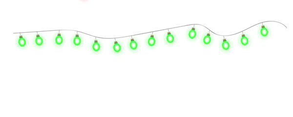 Glowing green christmas lights string isolated on transparent background for holiday decoration