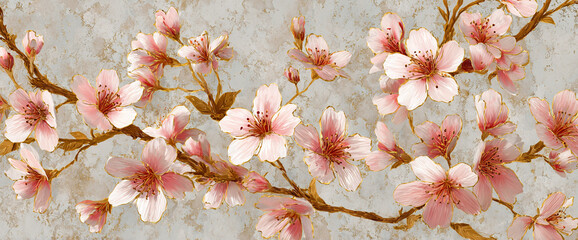 Cherry blossom repeat on wallpaper panel mockup, matte textured paint surface with gold foil outlines and watercolor petals, 32k