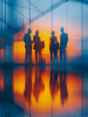 Group of business professionals standing and discussing work ideas in a modern office space with vibrant sunset reflections on glass walls and floors