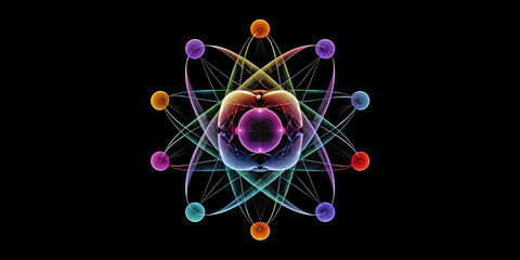 Symmetrical Orbital Array with Atomic and Planetary Motifs, ai generated.