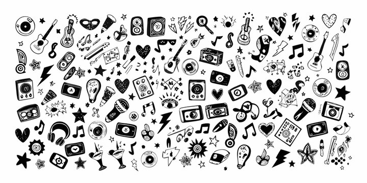 A whimsical doodle collection featuring musical instruments stars and pop culture icons