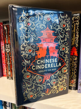 Chinese Cinderella by Adeline Yen Mah: decorative blue hardcover on a shelf