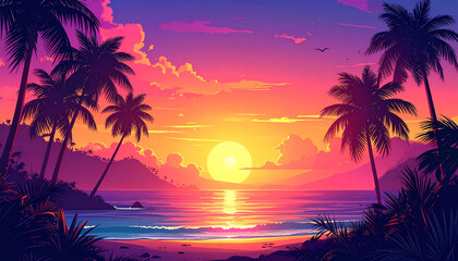 Vibrant tropical sunset with silhouetted palm trees and ocean waves beach