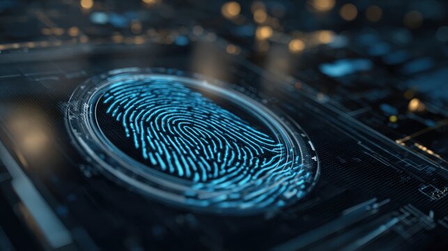 A close-up of a digital fingerprint overlay on a futuristic circuit board, symbolizing security and biometric technology. - Powered by Adobe