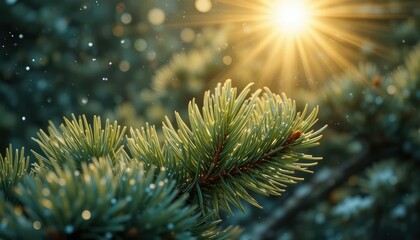 Fototapeta premium Golden Sunlight on Winter Pine Needles