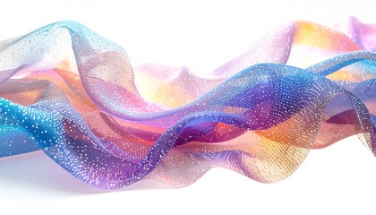 Flowing, translucent fabric with shimmering sparkles, blending vibrant hues on white
