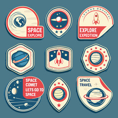 A collection of vintage space exploration badges and patches with planetary designs © Tarun