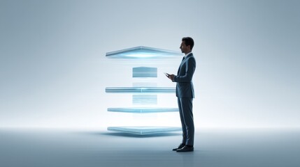 Professional business person interacting with futuristic holographic interface showcasing data layers in a sleek modern environment