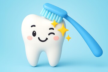 Cute cartoon tooth character being brushed by a blue toothbrush