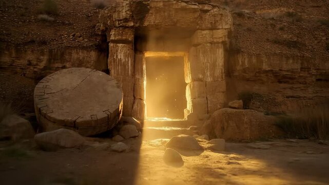 The empty tomb with the stone rolled away at sunrise. Bright light shines from the open entrance. A cinematic depiction of the resurrection of Jesus Christ on Easter morning