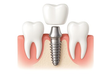 Dental implant procedure illustration with crown and adjacent teeth