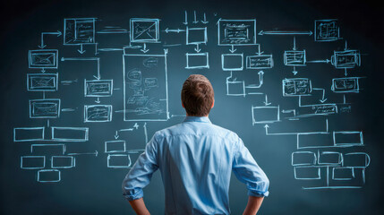 Businessman analyzing complex strategic flowcharts and organizational diagrams on transparent digital board for effective decision making and planning