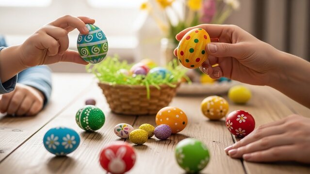 hands of mother and child holding colorful painted easter eggs for family workshop blogs, spring holiday cards, diy craft tutorials and educational websites on blurred background