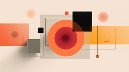 Abstract geometric design featuring circles, squares, and rectangles in warm tones of orange, red, black, and gray against a soft neutral background