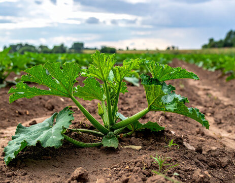 Young zucchini plant with broad leaves in a cultivated field under a cloudy sky seedling