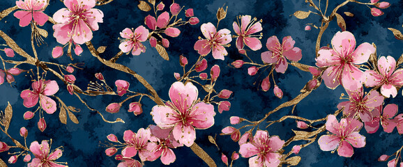 Cherry blossom textile repeat on deep navy matte fabric, metallic gold foil highlights and watercolor shading, 32k ultra HD