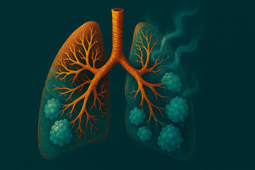 Illustration of diseased lungs with tumors and smoke damage