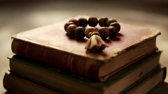 Close-up of wooden prayer beads on a stack of old, antique books. A still life representing religion, spirituality, and ancient wisdom. Concept of faith and historical knowledge