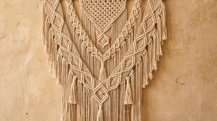 traditional macrame wall art on a textured concrete wall