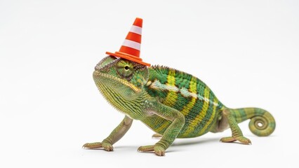 Obraz premium Funny Chameleon Wearing Traffic Cone Helmet on Head Isolated on White Background