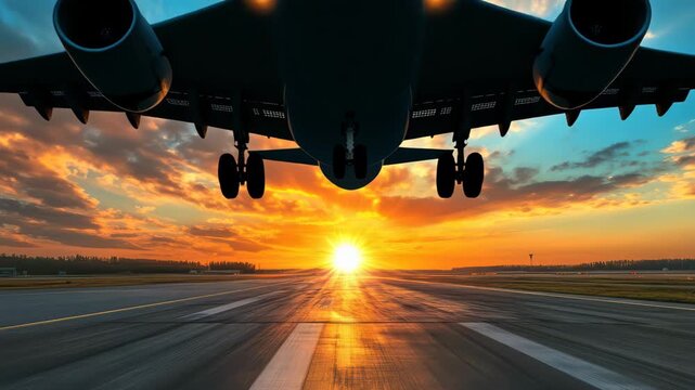 Airplane taking off on runway during sunset, cinematic aerial view, dynamic motion