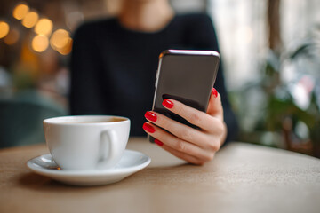 Woman with red manicured nails holding a smartphone while sitting at a cozy cafe table with a white coffee cup and blurred warm background lights