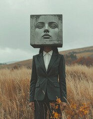 A surreal figure stands in a field of tall grass, dressed in formal attire with a concrete cube for a head. The cube features sculpted human facial elements, blending architecture and identity.