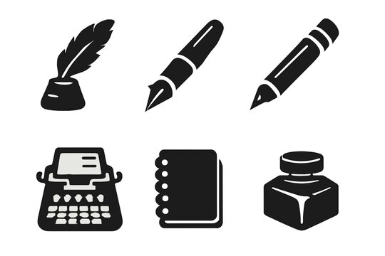 Writing Tools Icons. Solid vector icons of writing tools: quill, pen, pencil, typewriter, notebook, ink bottle No text, No labels,