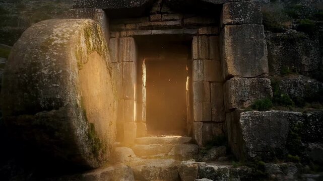 The empty tomb of Jesus with the stone rolled away. A glowing golden light shines from the open grave on Easter morning. Resurrection and christianity concept