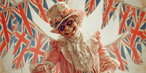 Victorian Oddity: A British Masquerade in Pink and Flags, ai generated.
