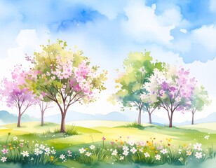 桜の咲く野山の風景（AI生成画像）