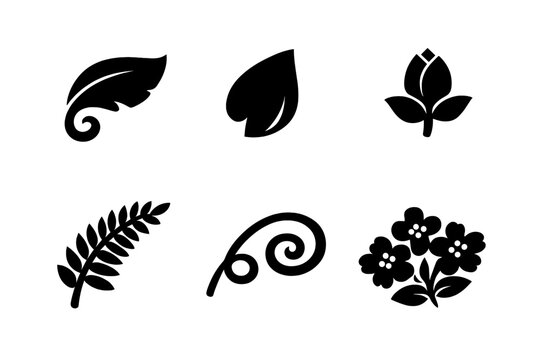 Floral Vector Icons. Solid vector icons of delicate petals and leaves: curled leaf, falling petal, bud, fern frond, vine tendril,