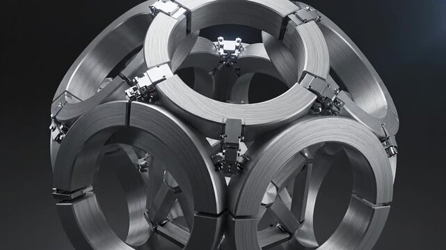 Intricate interlocking metal rings assemble into a complex futuristic geometric structure showcasing engineering precision.
