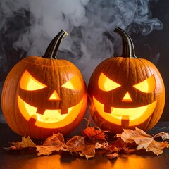 Two carved pumpkins with eerie faces, lit from within, surrounded by autumn leaves and smoke