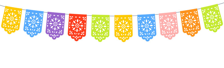 Colorful papel picado banners strung on line. Festive Mexican paper flags for celebrations like Cinco de Mayo or Day of the Dead. © Mariia
