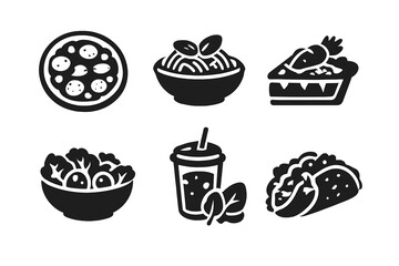 Garden Food Icons. Solid style icons of Garden Foods: tomato pizza, basil pasta, carrot pie, lettuce salad, spinach smoothie,