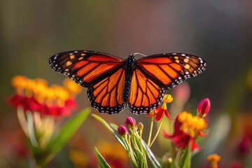Fototapeta premium Monarch butterfly with orange and black wings perched on colorful flowers