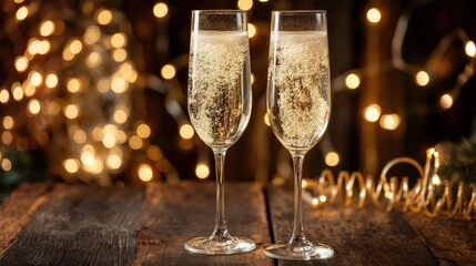 Two elegant champagne flutes filled with bubbly drink, set against a backdrop of twinkling fairy lights, creating a festive atmosphere.