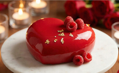 Elegant Heart Shaped Red Mousse Cake with Gold Leaf and Raspberries in Romantic Candlelight Setting