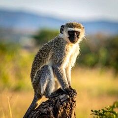 Monkey perched on a tree stump in golden light