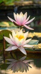 Two delicate pink water lilies, reflected in still water
