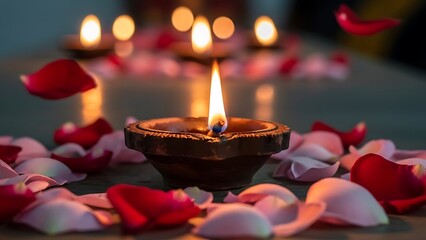 Lit clay oil lamp surrounded by red and pink rose petals with blurred background of more lamps