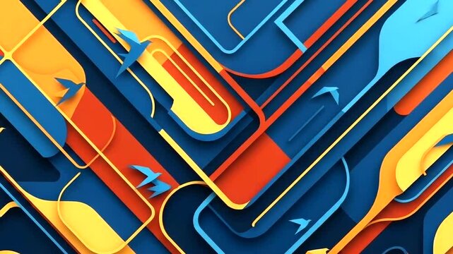 A complex pattern of interlocking blue and orange abstract shapes and lines