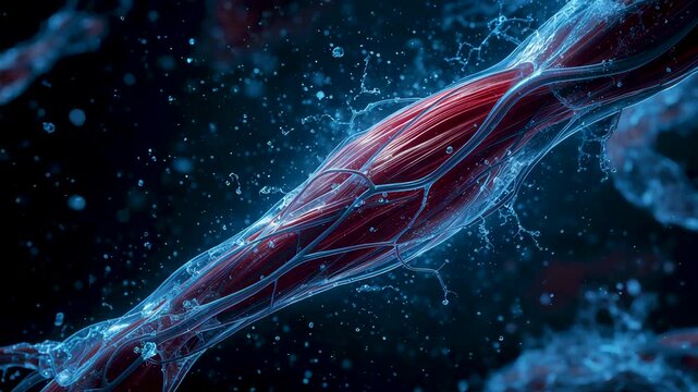 Elongated red muscle fibers wrapped in translucent blue tissue within a dark microscopic environment