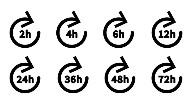 Pack de iconos de indicadores de tiempo y duraci&oacute;n. Ciclos horarios, rotaci&oacute;n temporal y periodos de espera definidos. Dise&ntilde;o vectorial lineal